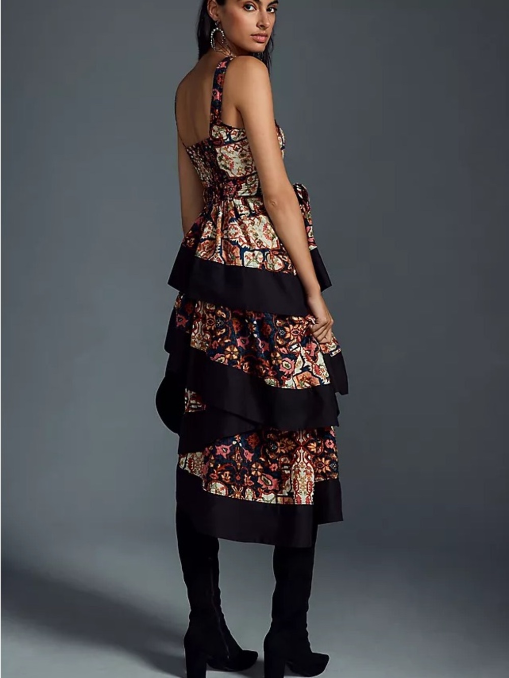 By Anthropologie Square-Neck Printed Tiered Midi
Dress. Size Medium - Picture 3 of 14